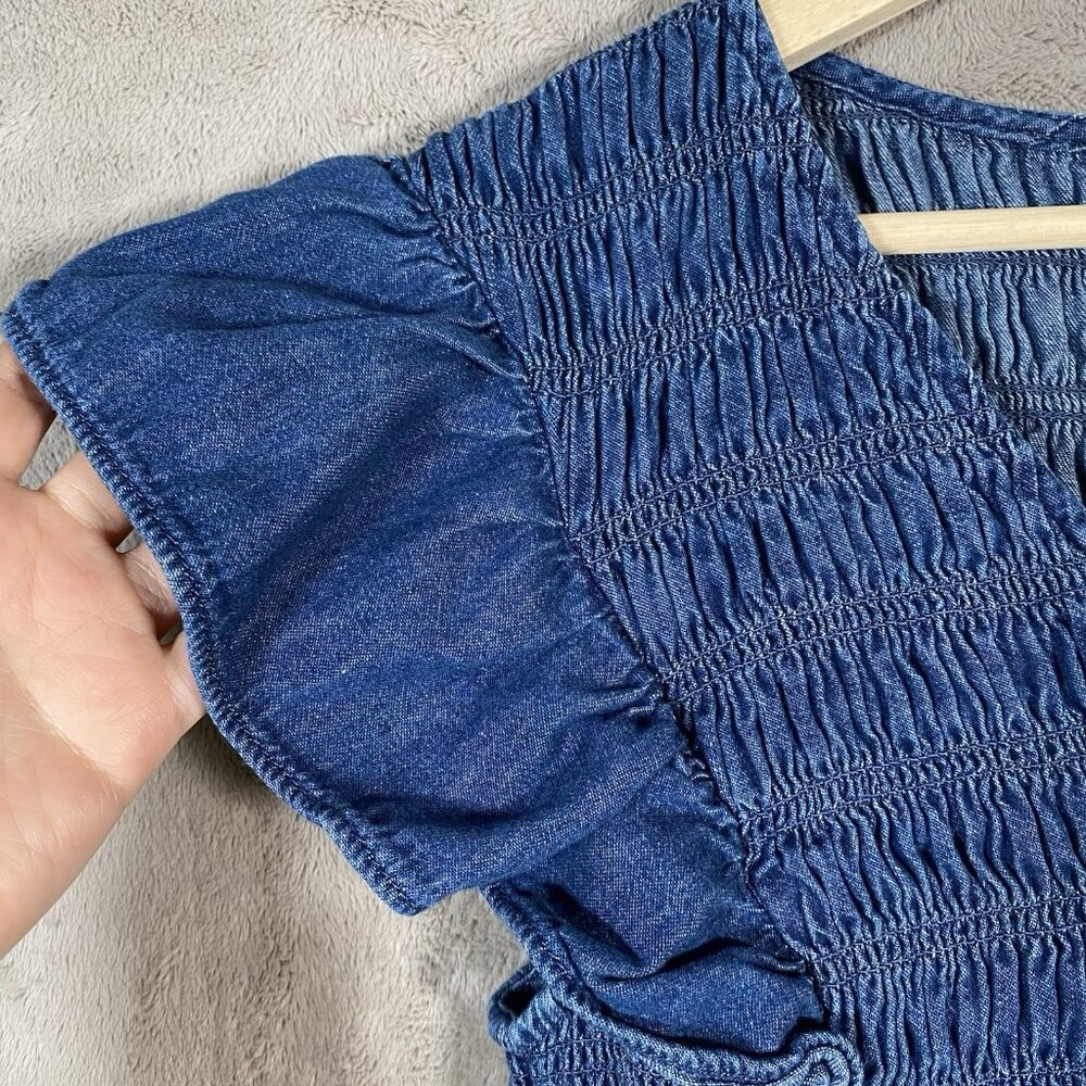GAP 100% Organic Cotton Denim Ruffle Sleeve Smocked Midi Dress Size S Pockets - Picture 6 of 15